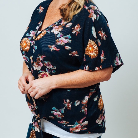 Navy Floral Waffle Dolman Sleeve Shirt - Picture 1 of 3